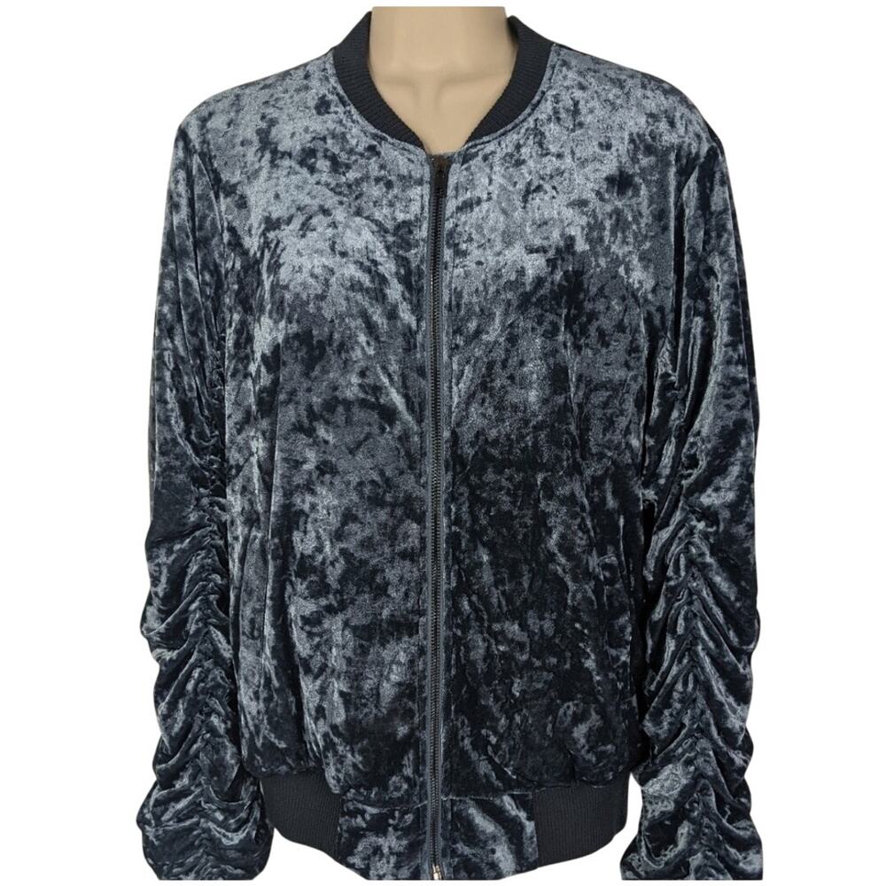 Listicle Velour Full Zip Ruched‎ Sleeve Bomber Jacket, Medium